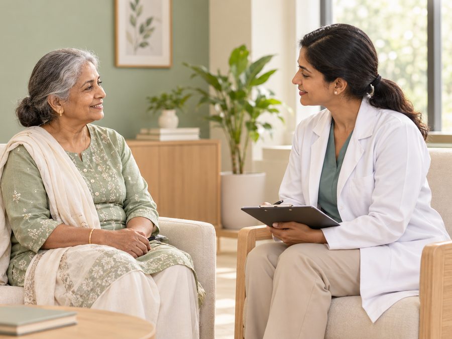 An older woman speaking with a doctor in a calm, plant-filled room
