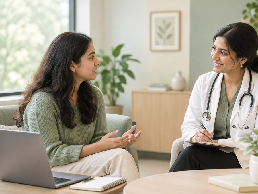 A young woman talking with a doctor during a consultation